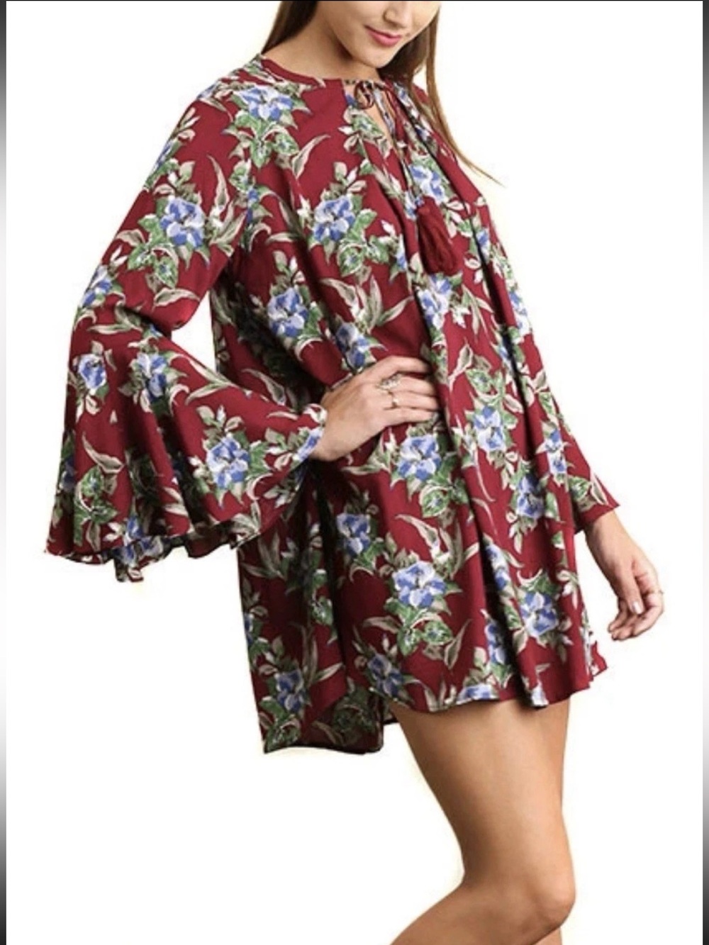 Umgee Shift Dress Bohemian Deep Red Bella Floral Print Bell Sleeve medium